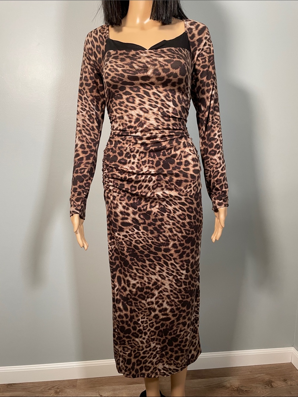 Leopard Print Long Sleeve Midi Dress in Brown